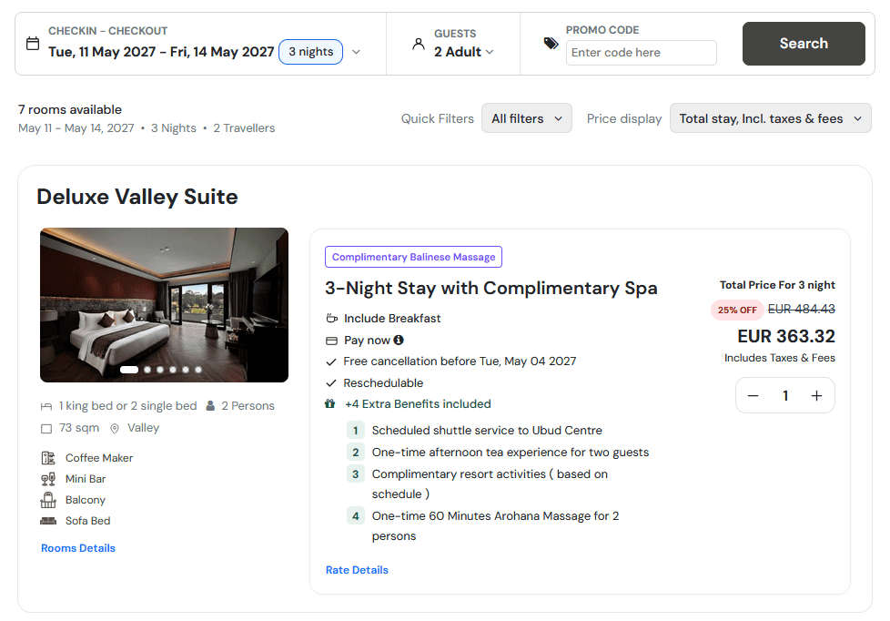 Direct booking price comparison on Ayatara Resort website