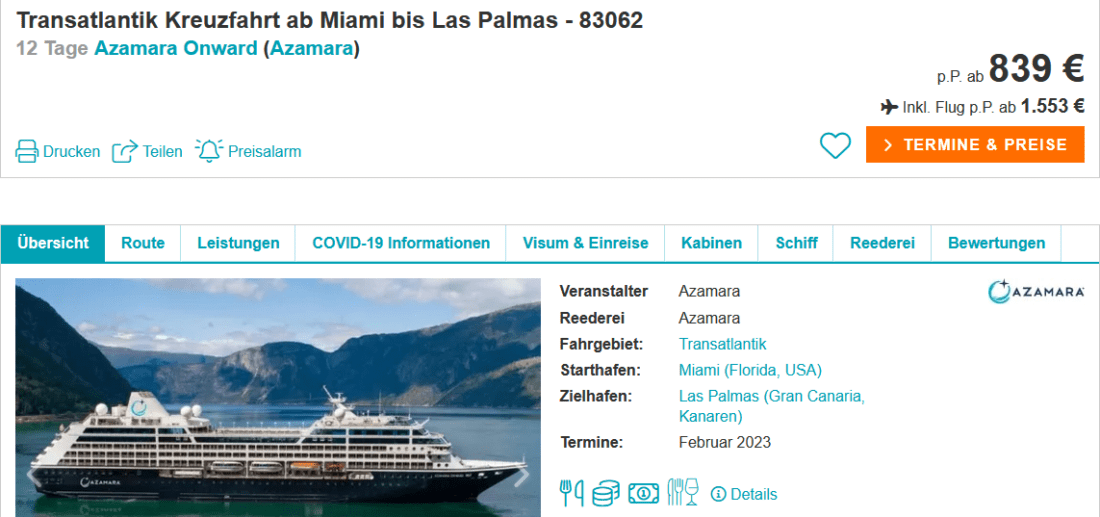 Azamara Onward Miami Las Palmas
