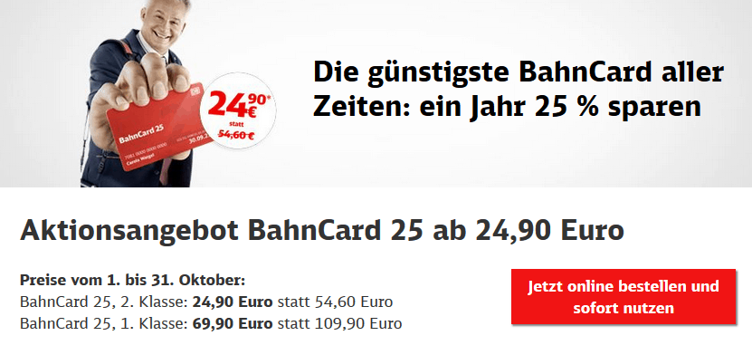 Deutsche Bahn Ein Jahr Bahncard 25 Fur 24 90 1 Klasse 69 90 Nur Im Oktober Travel Dealz De