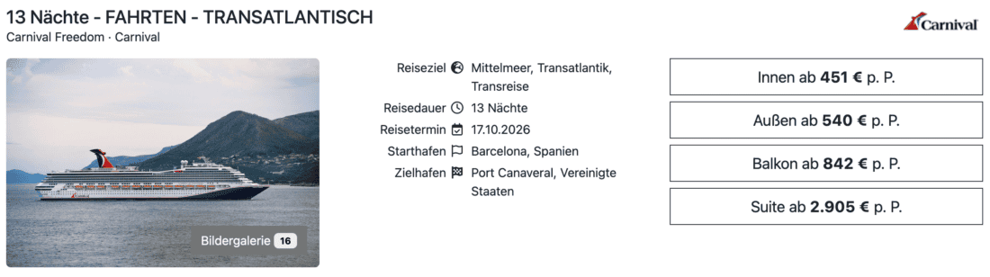 Carnival Freedom Transatlantik