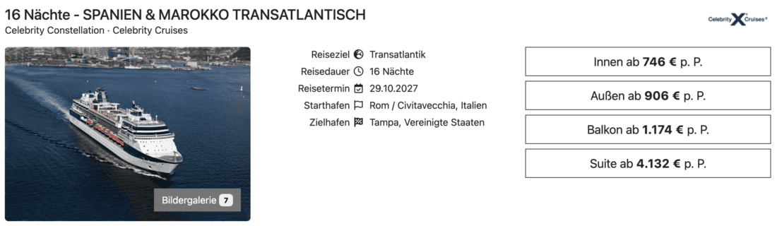 Celebrity Constellation Transatlantik
