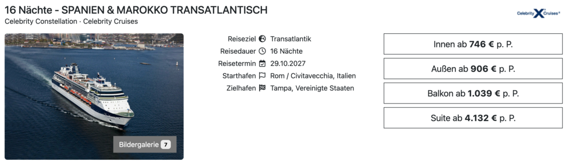 Celebrity Constellation Transatlantik