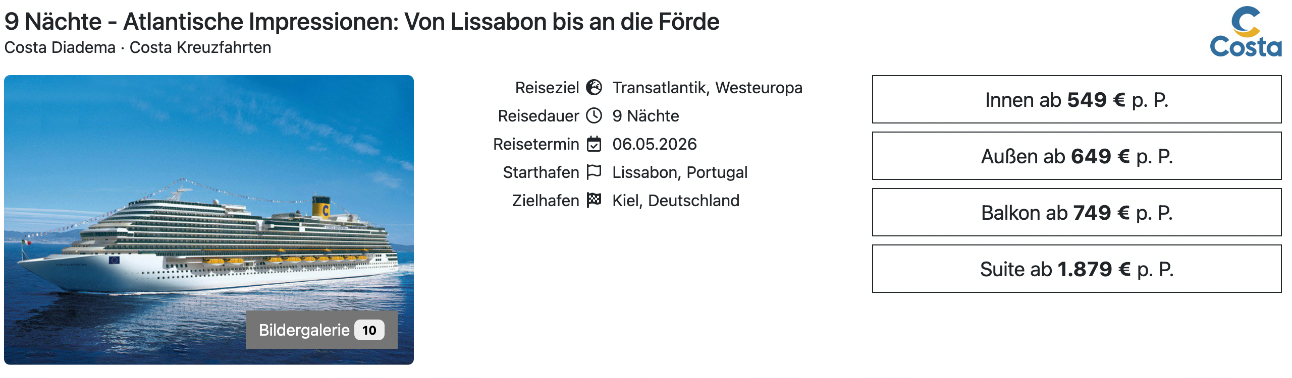 Costa Diadema Lissabon Kiel