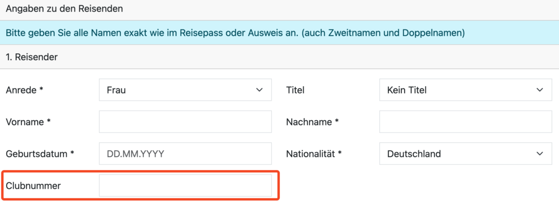 Costa Eingabe Clubnummer