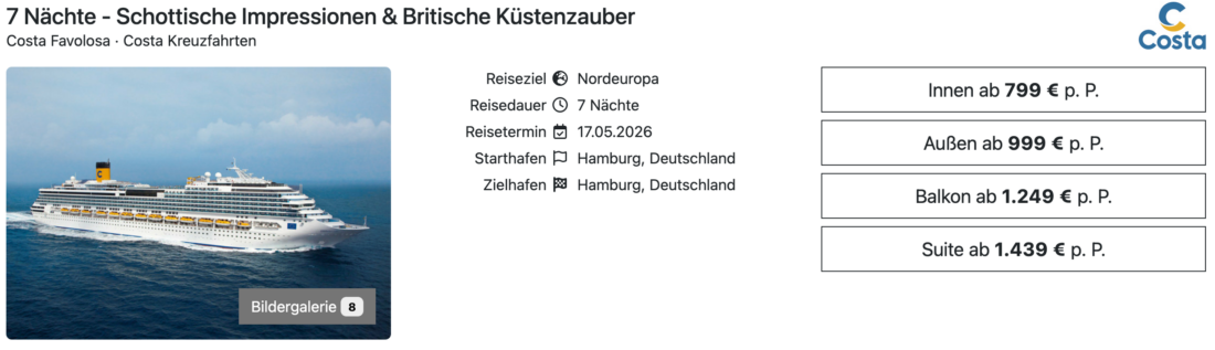 Costa Favolosa Britische Inseln ab Hamburg