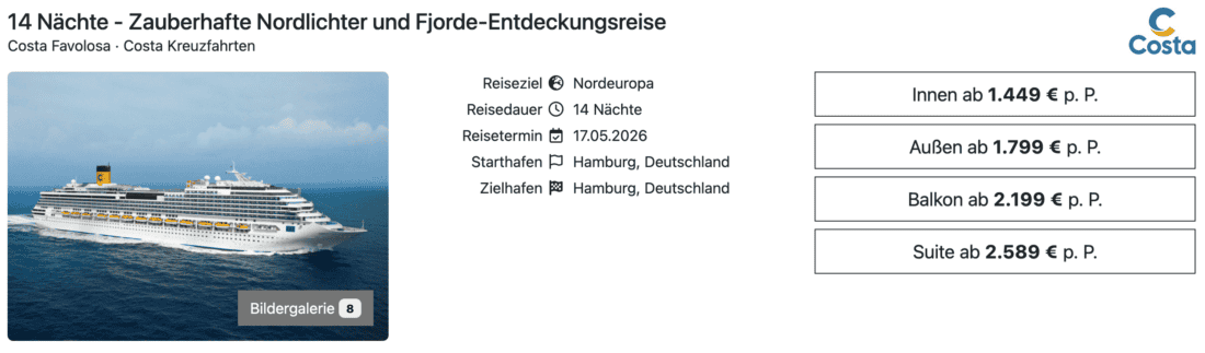 Costa Favolosa Nordeuropa ab Hamburg