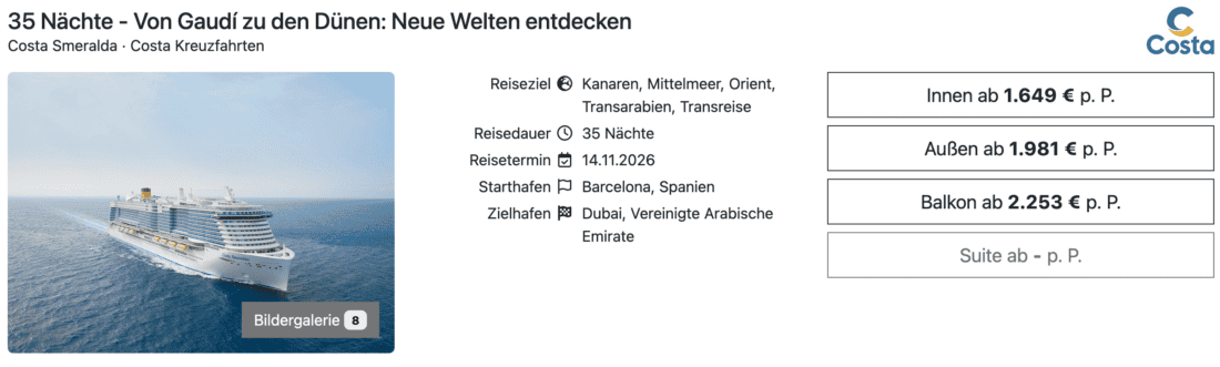 Costa Smeralda Von Barcelona nach Dubai