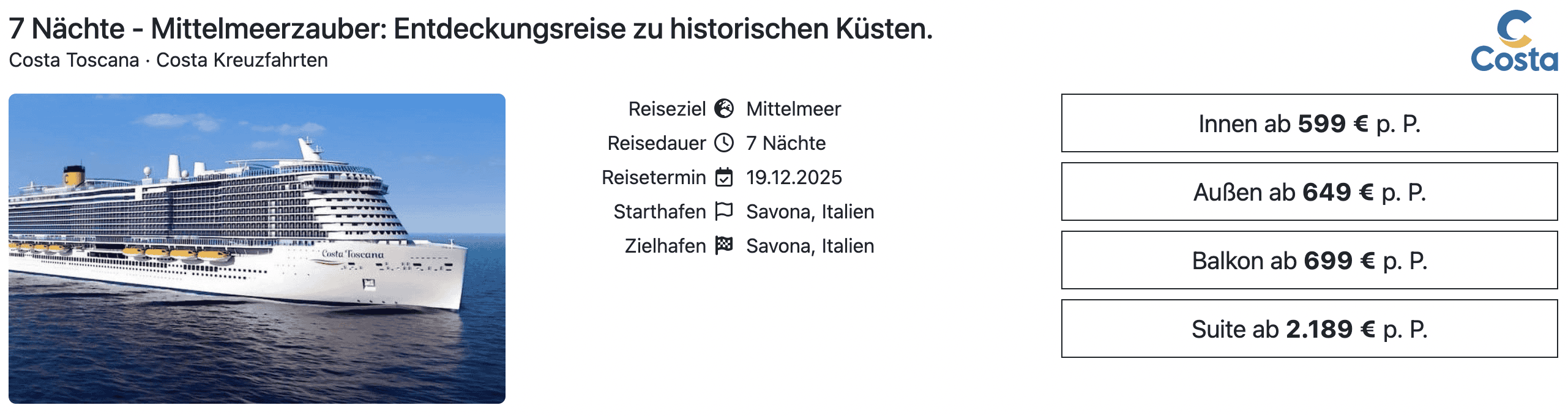 Costa Toscana Mittelmeer ab:bis Savona