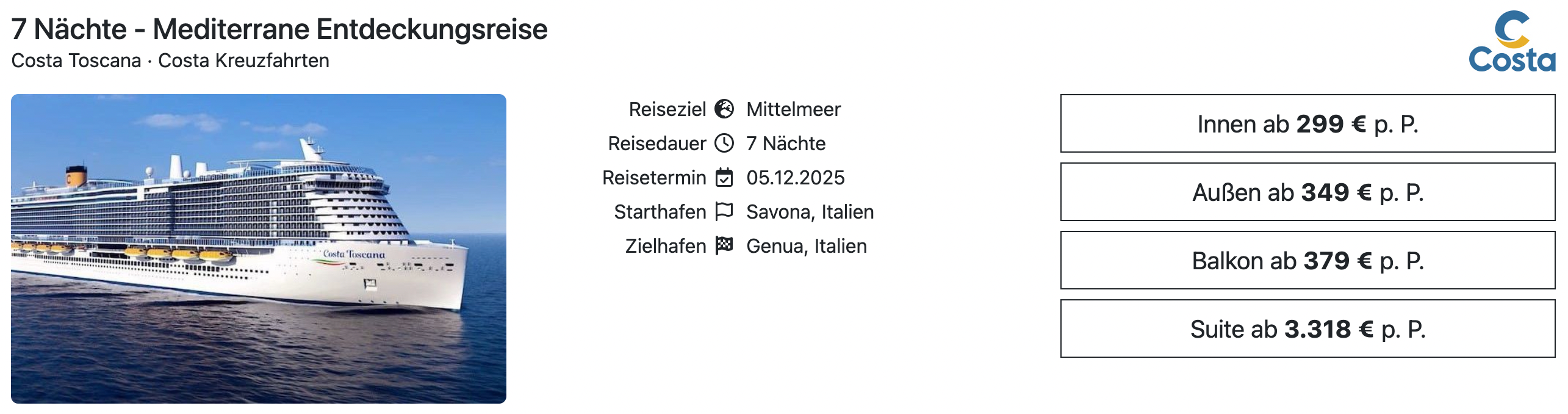 Costa Toscana Savona bis Genua
