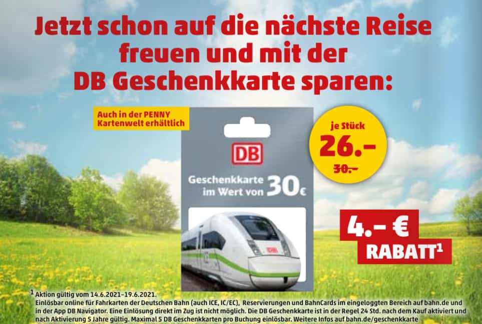 Deutsche Bahn 30€Geschenkgutschein für 26€ bei Penny und