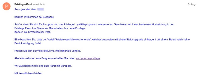 Europcar Privilage Status Match Bestätigung