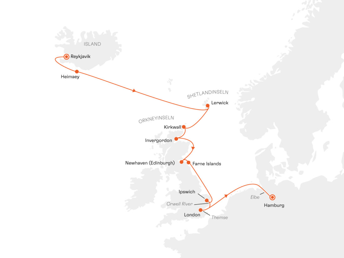 Hanseatic Spirit Routenkarte Reykjavik Hamburg