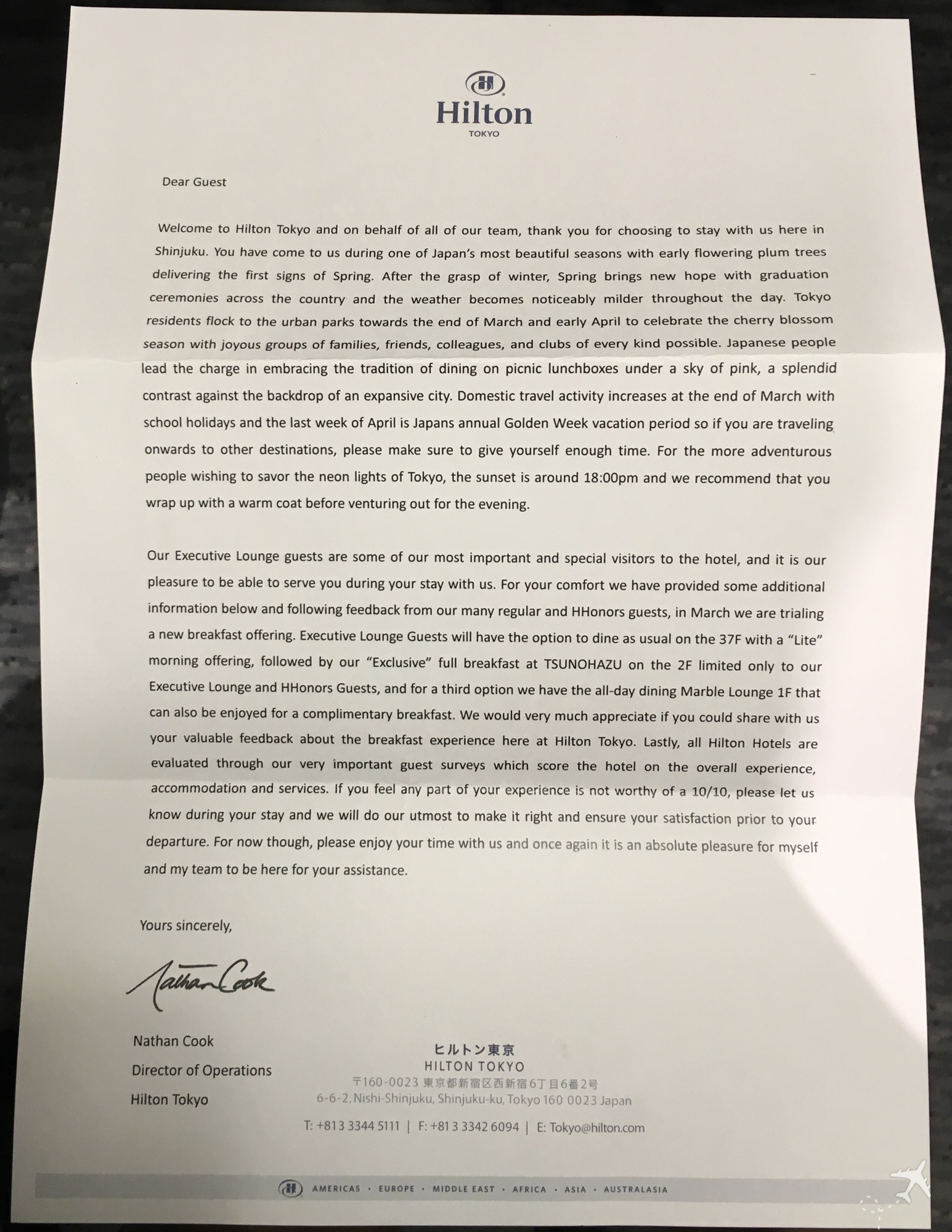 Hilton Tokyo Welcome Letter