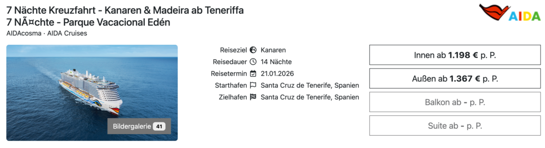 Kombi AIDAcosma und Hotel Teneriffa