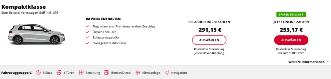 Standard price directly on Avis