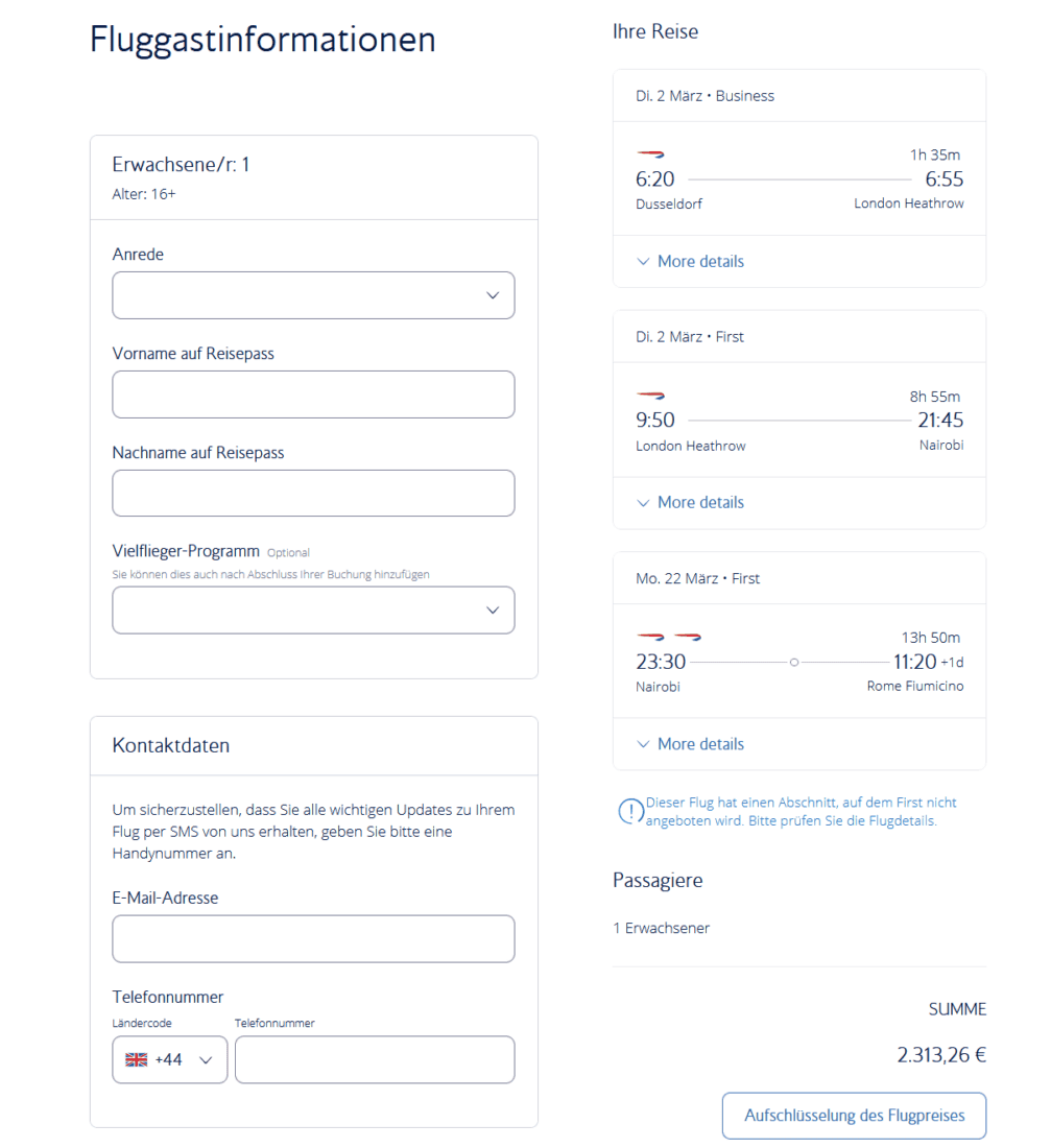 British Airways First Class booking example to Nairobi