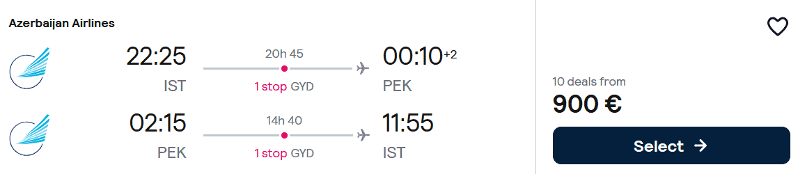 Azerbaijan Airlines Business Class booking screenshot to Beijing