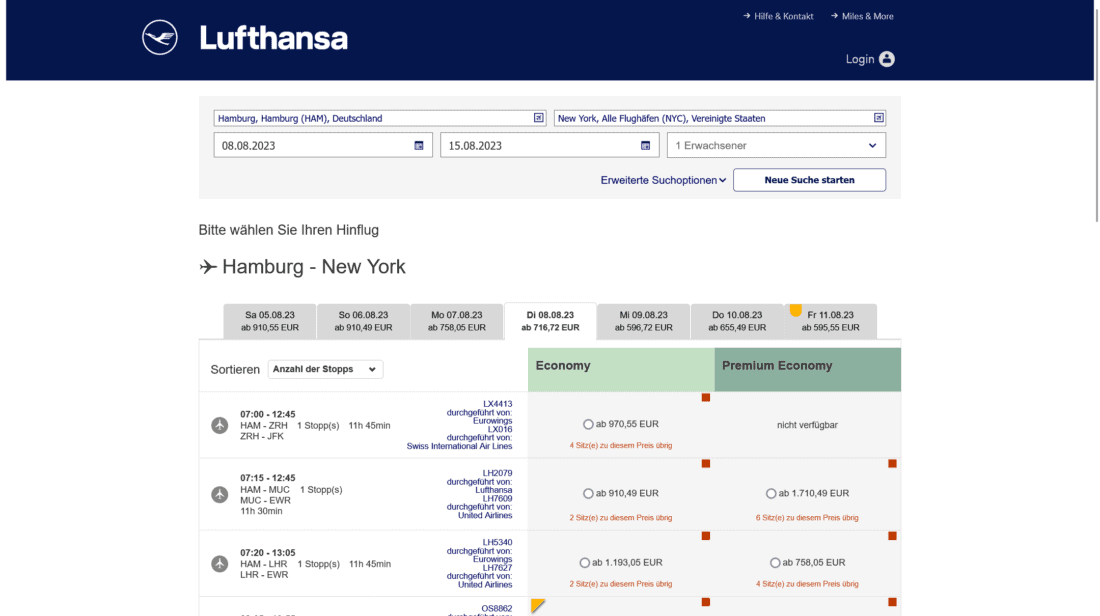 Lufthansa Website alt Juli 2023 1
