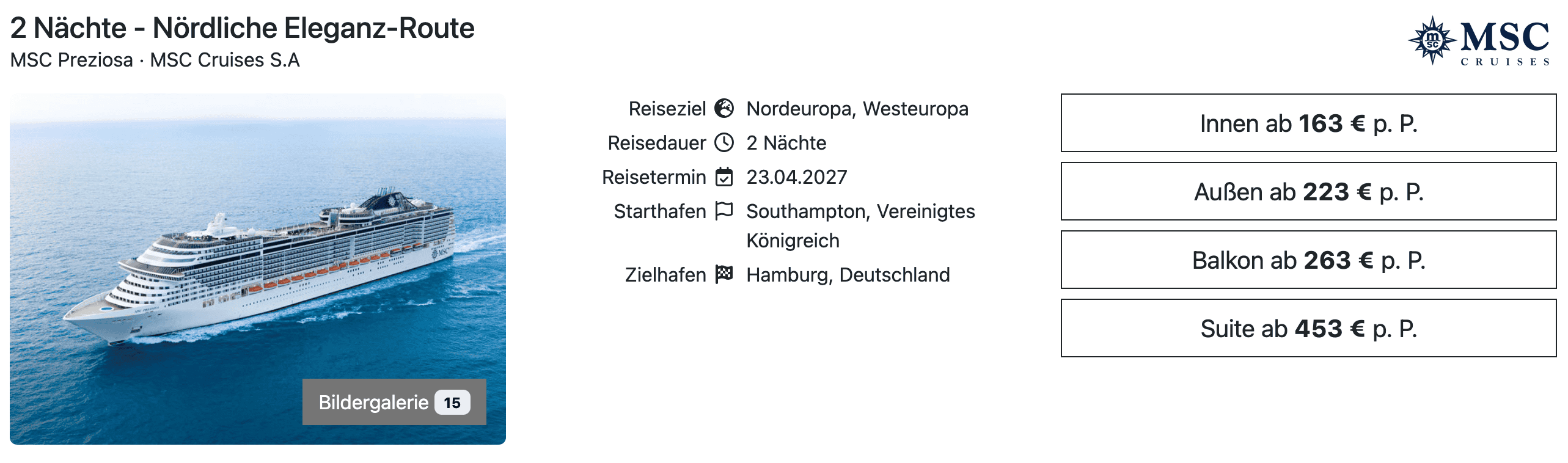 MSC Preziosa Southampton Hamburg