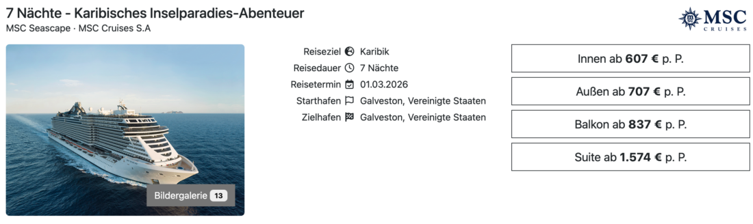 MSC Seascape Karibik ab:bis Galveston