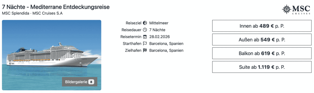 MSC Splendida Mittelmeer ab Barcelona