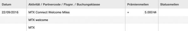 MTX Welcome Miles Gutschrift