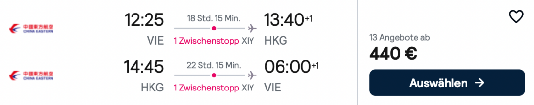 China Eastern flight deal Vienna to Hong Kong from 440 Euro