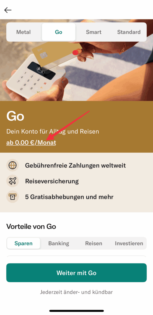 Die N26 Go Mitgliedschaft wird mit "ab 0,00 €/Monat" angegeben