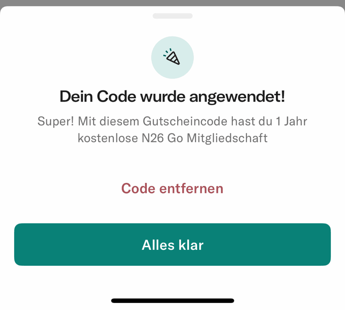 Gutscheincode wurde in der N26 App akzeptiert "Code wurde angewendet"