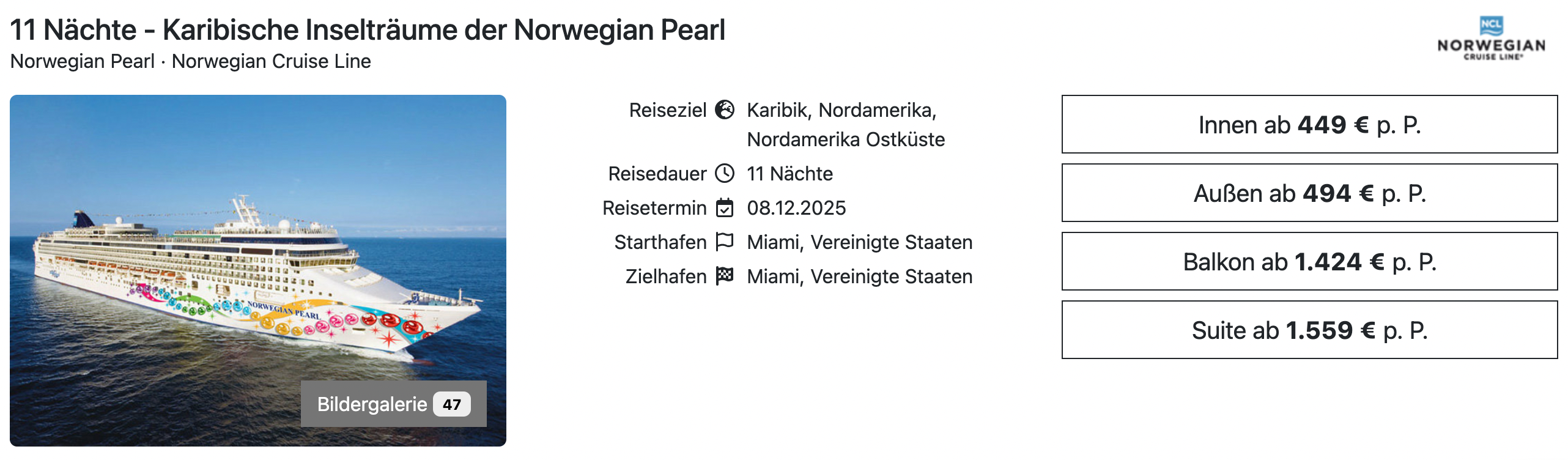 Norwegian Pearl Karibik ab Miami