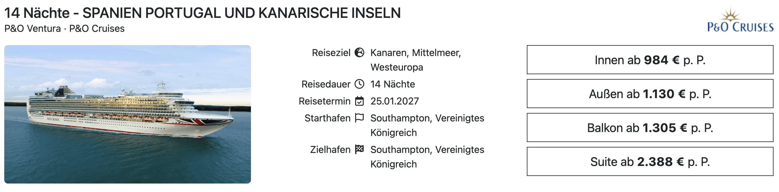 P&O Ventura Kanaren ab:bis SOU