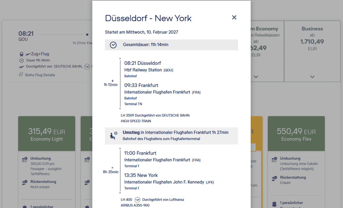 Example of a Lufthansa Express Rail itinerary via Frankfurt Airport