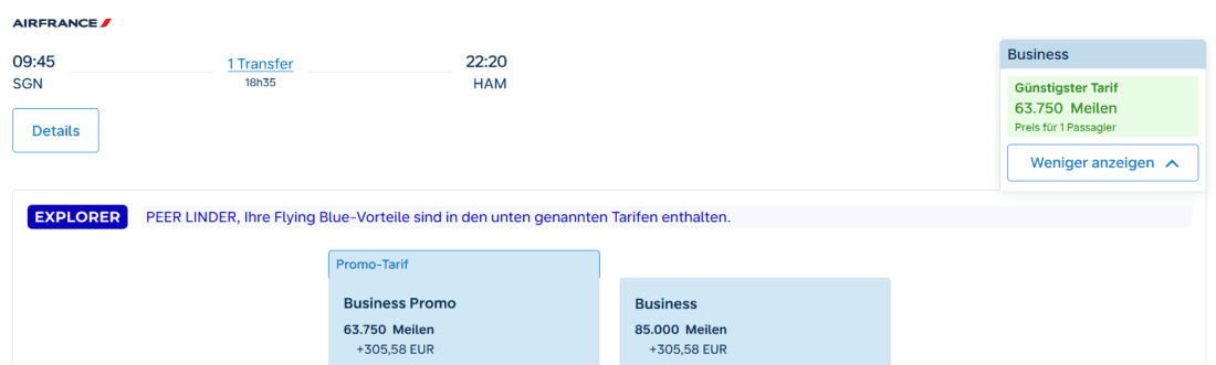 Promo Award booking example to Ho Chi Minh City
