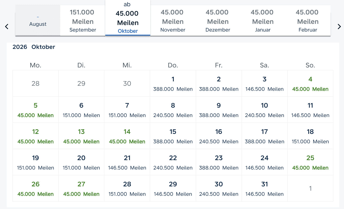 Flying Blue low-fare award calendar