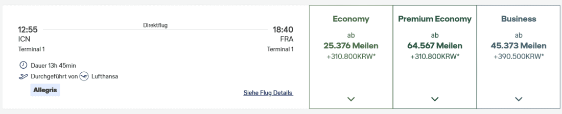 Miles&More Business Class award from Seoul cheaper than Premium Economy