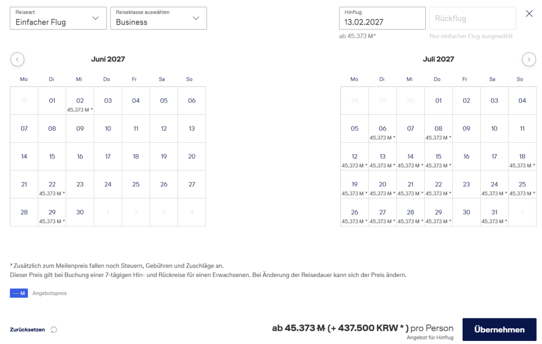 Miles&More monthly award calendar view for Seoul to Frankfurt