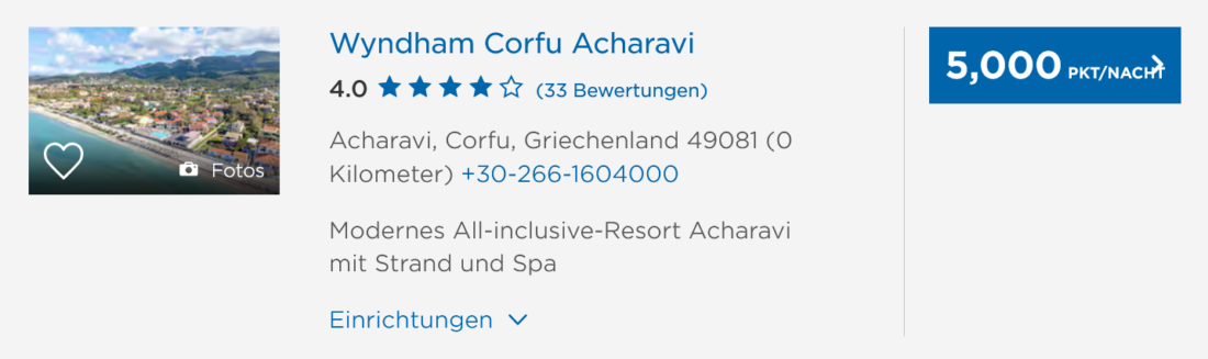 Wyndham Corfu Acharavi bookable for 5000 points