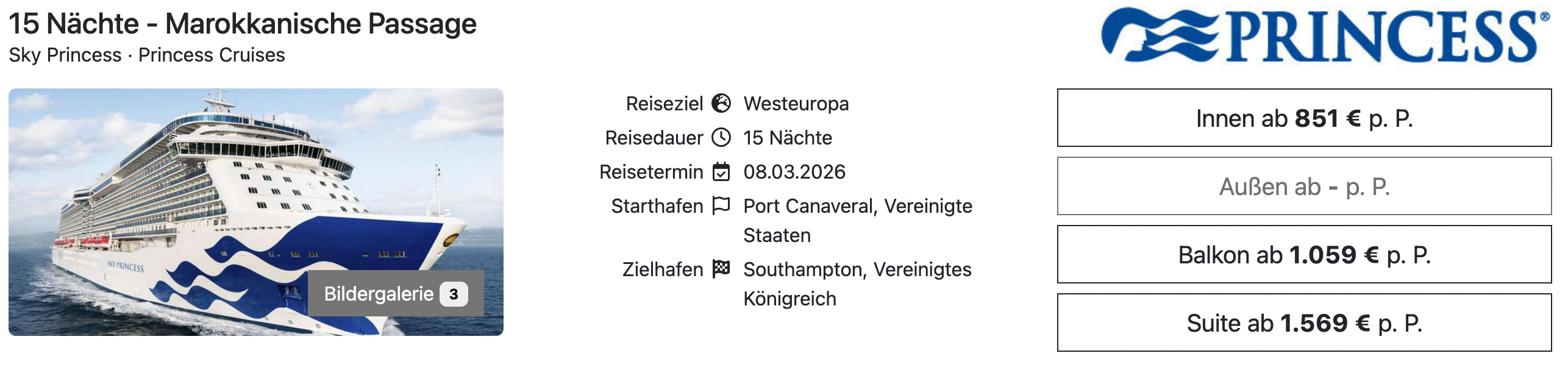 Sky Princess Transatlantik