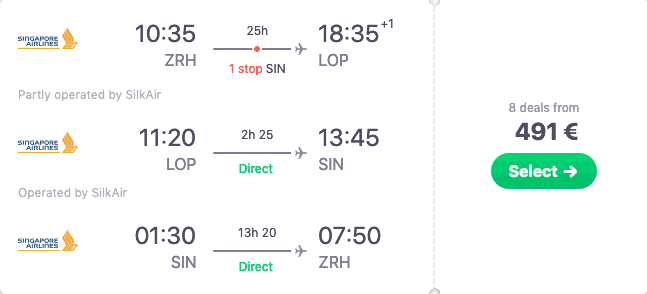 Skyscanner ZRH LOP SIN ZRH