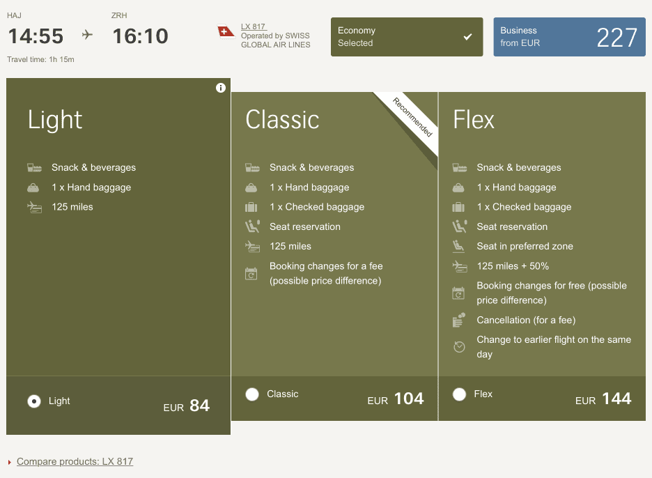 Swiss Flight Selection HAJ-ZRH