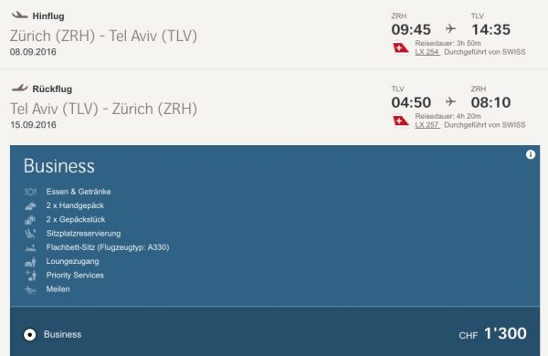 Mit Swiss von Zürich nach Tel Aviv für 1.300 CHF