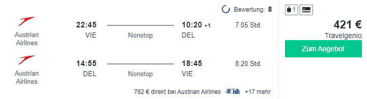 Travel Dealz VIE DEL Austrian Airlines