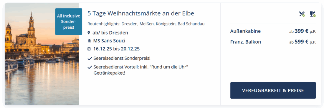 Weihnachtsmärkte an der Elbe, MS Sans Souci, ab 16