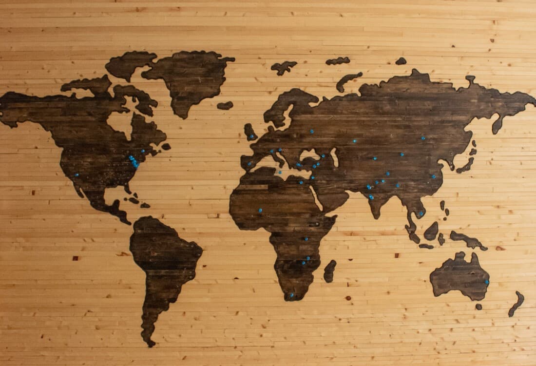 Weltkarte Holz mit Pins