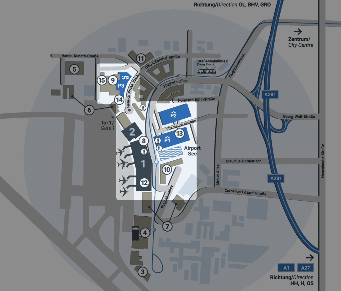 Lageplan der Parkhäuser P1, P2 sowie des Parkplatz P3 auf dem Gelände des Flughafen Bremen