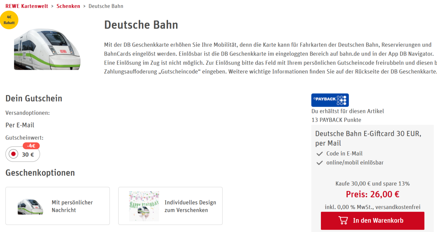 Deutsche Bahn 30€Geschenkgutschein für 26€ bei Rewe (auch online) »
