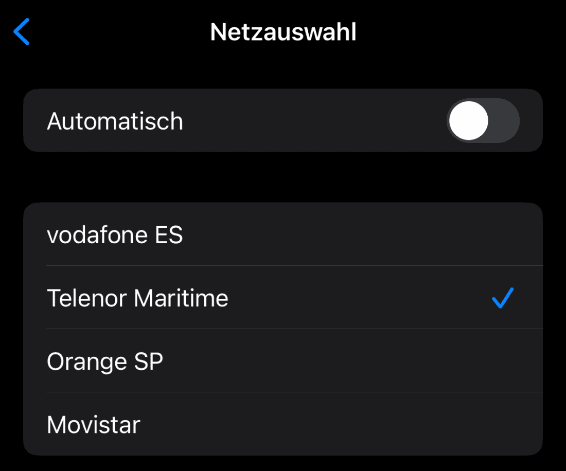 Screenshot der Netzauswahl am iPhone