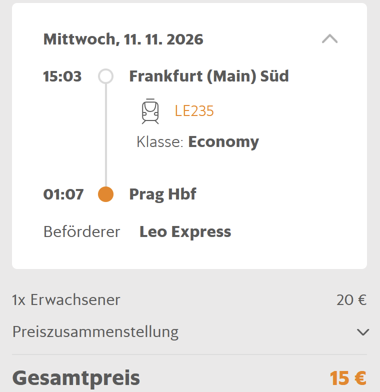 LEO Express Frankfurt to Prague booking example