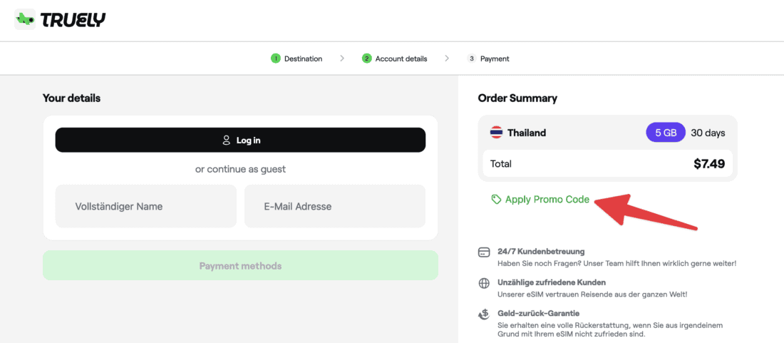 Gutscheincode eingeben über Apply Promo Code