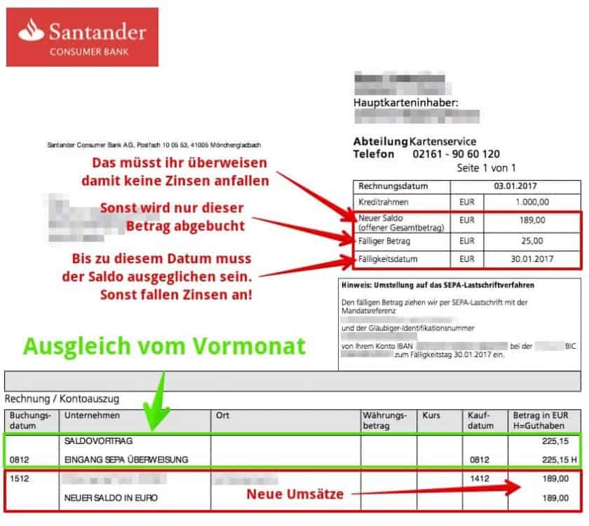 Kreditkartenrechnung Erklärung Santander 